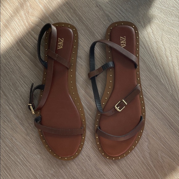 Zara Brown Studded Flat Sandals - Picture 2 of 5